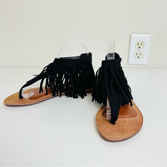 Black Suede Fringe Ankle Zip Up Brown Sole Sandals - Picture 7 of 16